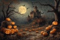 halloween night, old house in mystical forest, around pumpkins and flying bats, big full moon in dark sky, scary and Royalty Free Stock Photo