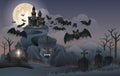 Halloween Night party background, Abstract Dracula`s Castle Rock Mountain with bats monster, graveyard
