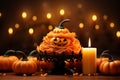 Halloween night party, cute pumkin cake on the table decorated with tiny pumkins and candles, bokeh on the background. Generative