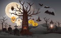 Halloween Night party with graveyard, full moon background, Abstract Halloween spooky tree Royalty Free Stock Photo