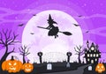 Halloween Night Party Landing Page Illustration With Witch, Haunted House, Pumpkins, Bats and Full Moon. For Background, Banner Royalty Free Stock Photo