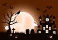 Halloween Night Party Landing Page Illustration With Witch, Haunted House, Pumpkins, Bats and Full Moon. For Background, Banner Royalty Free Stock Photo