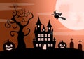 Halloween Night Party Landing Page Illustration With Witch, Haunted House, Pumpkins, Bats and Full Moon. For Background, Banner Royalty Free Stock Photo