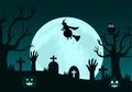Halloween Night Party Landing Page Illustration With Witch, Haunted House, Pumpkins, Bats and Full Moon. For Background, Banner Royalty Free Stock Photo
