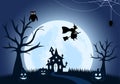 Halloween Night Party Landing Page Illustration With Witch, Haunted House, Pumpkins, Bats and Full Moon. For Background, Banner Royalty Free Stock Photo