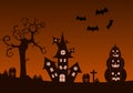 Halloween Night Party Landing Page Illustration With Witch, Haunted House, Pumpkins, Bats and Full Moon. For Background, Banner Royalty Free Stock Photo