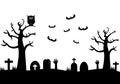 Halloween Night Party Landing Page Illustration With Witch, Haunted House, Pumpkins, Bats and Full Moon. For Background, Banner Royalty Free Stock Photo