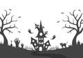 Halloween Night Party Landing Page Illustration With Witch, Haunted House, Pumpkins, Bats and Full Moon. For Background, Banner Royalty Free Stock Photo