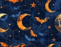 Halloween night pattern with bats moons and stars against a dark sky Royalty Free Stock Photo