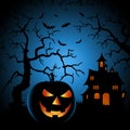 Halloween night poster with haunted castle and grinning pumpkin