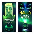 Halloween night poster with scary witch, magic cat and green potion