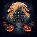 Halloween night, pumpkins, dark atmosphere. Generated AI illustrator.