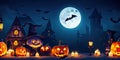 Halloween night pumpkins with dark castle background,Generative AI Royalty Free Stock Photo