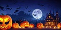 Halloween night pumpkins with dark castle background,Generative AI Royalty Free Stock Photo