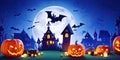 Halloween night pumpkins with dark castle background,Generative AI Royalty Free Stock Photo