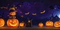 Halloween night pumpkins with dark castle background,Generative AI Royalty Free Stock Photo