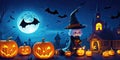 Halloween night pumpkins with dark castle background,Generative AI Royalty Free Stock Photo