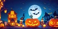 Halloween night pumpkins with dark castle background,Generative AI Royalty Free Stock Photo