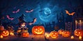 Halloween night pumpkins with dark castle background,Generative AI Royalty Free Stock Photo
