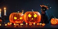 Halloween night pumpkins with dark castle background,Generative AI. Royalty Free Stock Photo