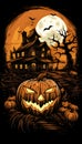 Halloween Night and Scary Pumpkins Haunted House Royalty Free Stock Photo