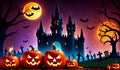 Halloween night scene background with castle with halloween pumpkin within flames in the graveyard and bats in the night Royalty Free Stock Photo