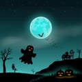 Halloween night scene background with haunted house,scary pumpkin and ghost on full moon night Royalty Free Stock Photo