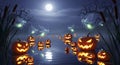 Halloween night scene with glowing pumpkins, fireflies, and reflections on water under a full moon Royalty Free Stock Photo