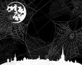 Halloween night city spider web skyline black and white vector background Royalty Free Stock Photo