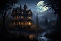 Halloween night scene with haunted house and full moon. 3D rendering, AI Generated Royalty Free Stock Photo