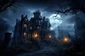 Halloween night scene with haunted house and full moon. Halloween background, AI Generated Royalty Free Stock Photo