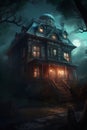 Halloween night scene with haunted house and moon - 3d render Royalty Free Stock Photo
