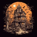 Halloween night scene with haunted house, pumpkins and bats. Vector illustration Royalty Free Stock Photo