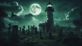 halloween night scene A scary lighthouse in a haunted graveyard, under a full moon. The lighthouse is made of metal Royalty Free Stock Photo