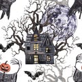 Halloween night themed seamless pattern. Watercolor spooky print. Haunted house, Jack O Lantern scarecrow, bats Royalty Free Stock Photo