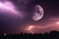 Halloween night sky with clouds and flashes of lightning and an emerging bloody red full moon closeup at the time of the Sabbath Royalty Free Stock Photo