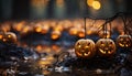 Halloween night, spooky celebration, glowing pumpkin, dark autumn decoration generated by AI