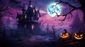 Halloween night with a spooky haunted house, moon and pumpkins, halloween background.