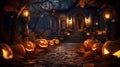 Halloween night spooky house decorated with spooky jack o\'lantern carved pumkins with glowing candles inside, for trick or