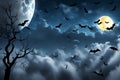 Halloween Night - Spooky Moon In Cloudy Sky With Bats Royalty Free Stock Photo