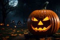 Halloween night with spooky orange jack-o-lantern and haunted house background Royalty Free Stock Photo