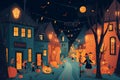 Halloween Night On A Spooky Street With Carved Pumpkins, And Children In Costumes