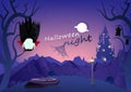 Halloween night, vampire and bats sleeping in graveyard, dark forest and mountain wasteland cartoon character, fantasy castle, Royalty Free Stock Photo