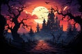 Halloween night vampire castle and full moon on blood red sky, happy halloween illustration. Generative AI Royalty Free Stock Photo