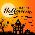 Halloween night vector illustration with Full moon Spooky Haunted House, owl, pumpkins, bats and calligraphy hand lettering. Easy