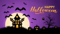 Halloween night vector illustration with Full moon Spooky Haunted House, pumpkins, bats and calligraphy hand lettering. Easy to