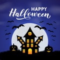 Halloween night vector illustration with Spooky Haunted House, Full moon, pumpkins, bats and calligraphy hand lettering. Easy to