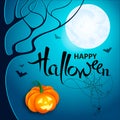 Halloween night. Vector lettering Happy Halloween with web, spider and bats on blue Moon background with pumpkin. Vector Royalty Free Stock Photo