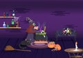 Halloween night, witch magic cooking, interior room, cartoon character, greeting card background vector