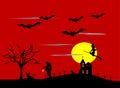 Halloween night Witches riding brooms ,moon red sky background